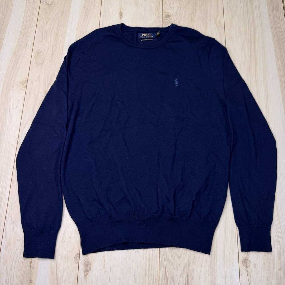 Polo Ralph Lauren Blue Washable Merino Wool Knit Sweater Size Large